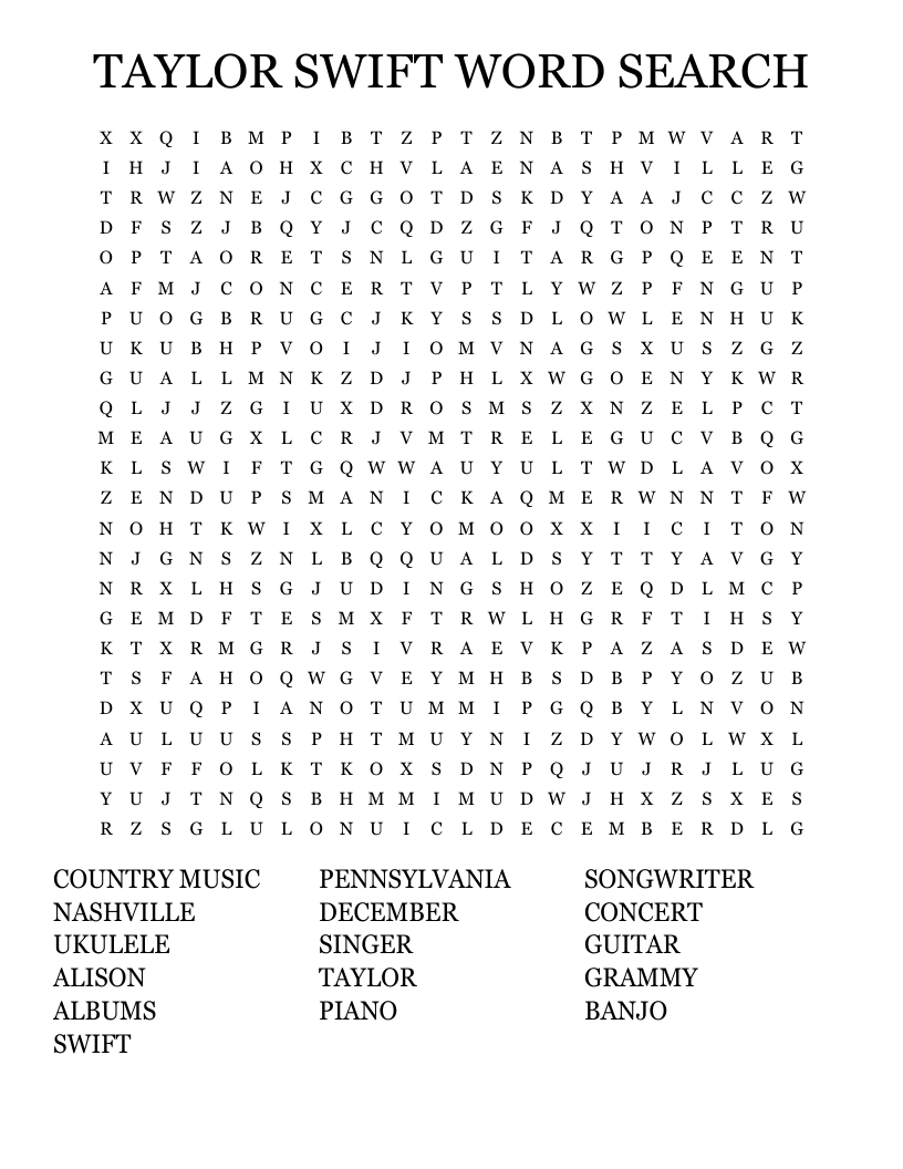 TAYLOR SWIFT WORD SEARCH WordMint TAYLOR SWIFT WORD SEARCH WordMint