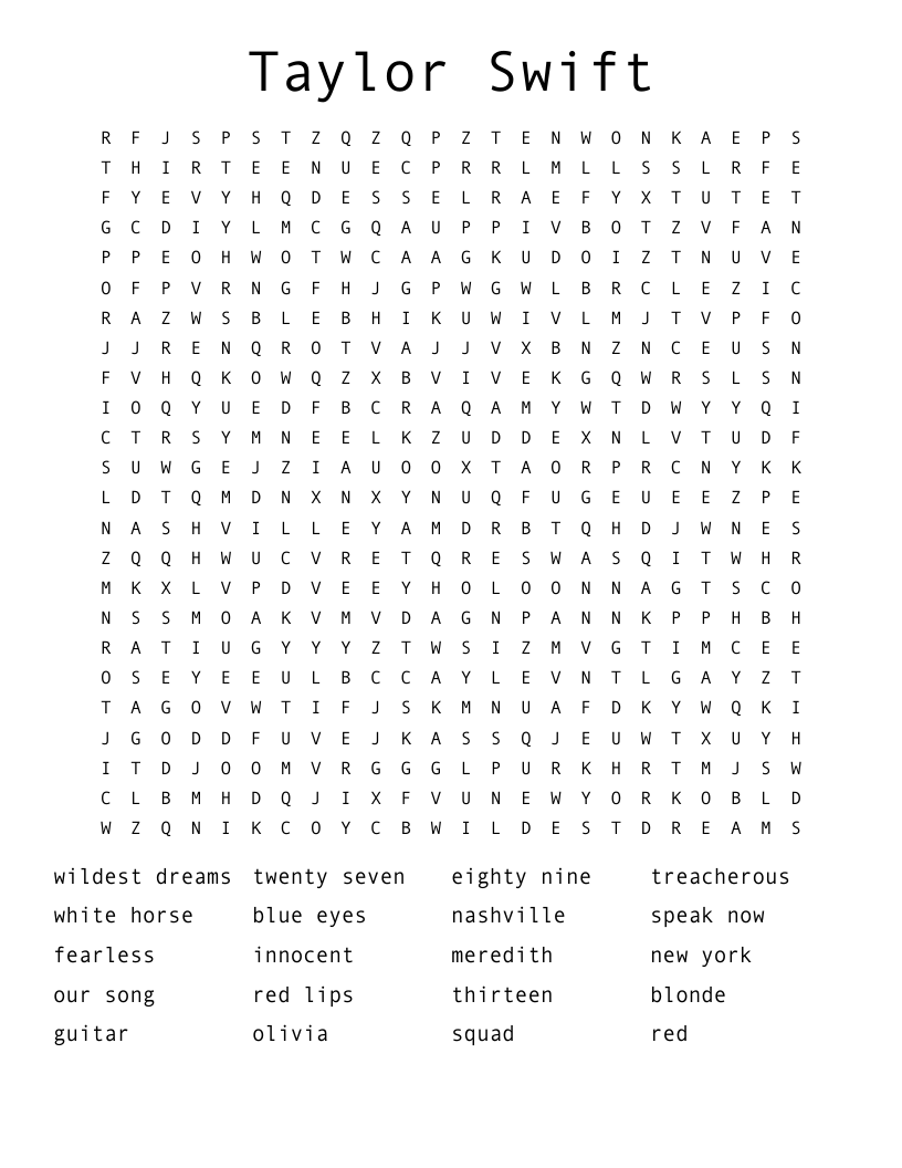 Taylor Swift Printable Lyrics Word Search Taylor Swift Printable Lyrics Word Search