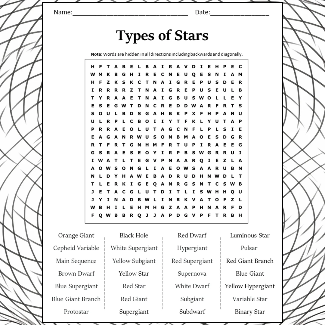 Types Of Stars Word Search Puzzle Worksheet Activity PDF PrintableBazaar