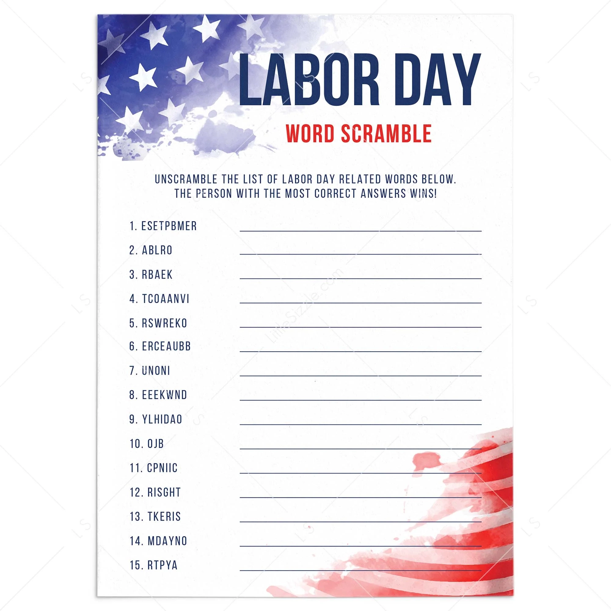 USA Labor Day Word Puzzle Printable Answer Key Included LittleSizzle