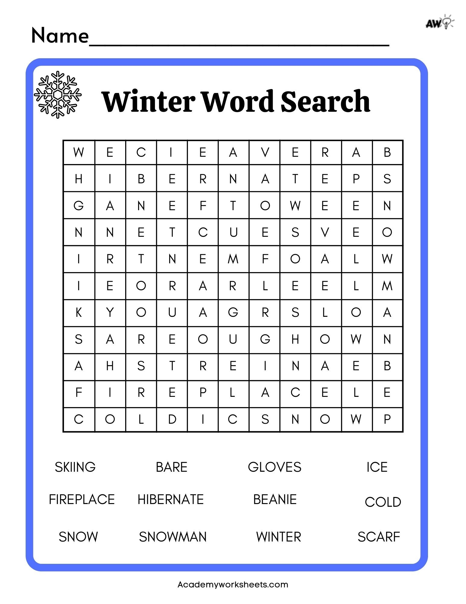 Printable Word Search For Winter