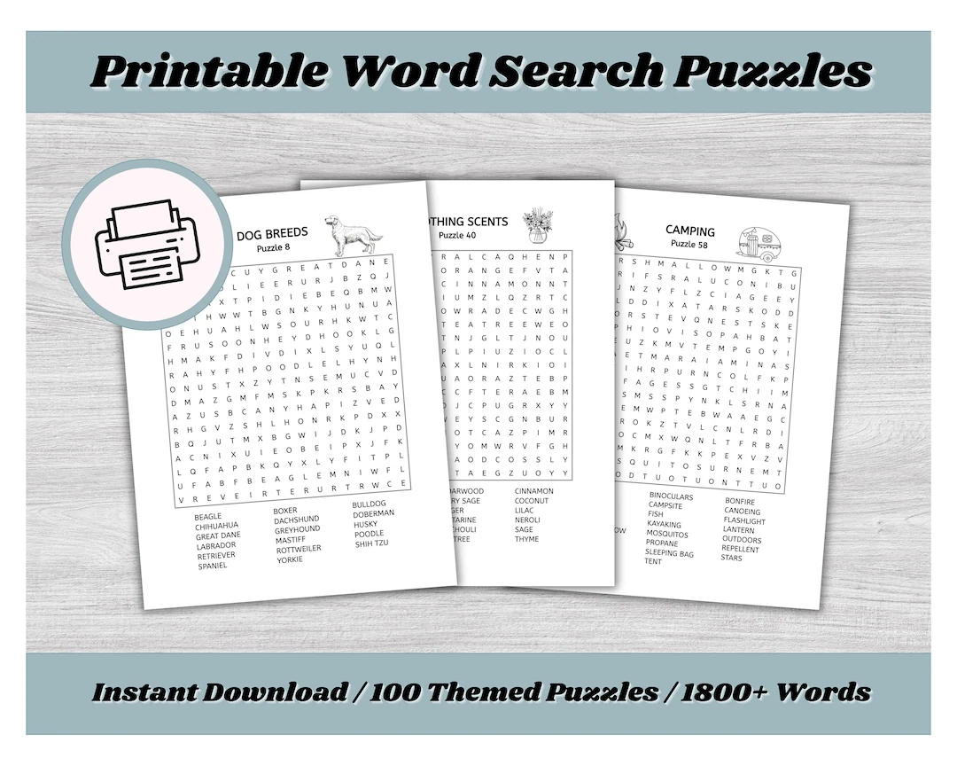 Word Search Puzzles 100 Themed Puzzles Instant Download Large Print High Resolution Kids Adults And Seniors Includes Solutions Etsy