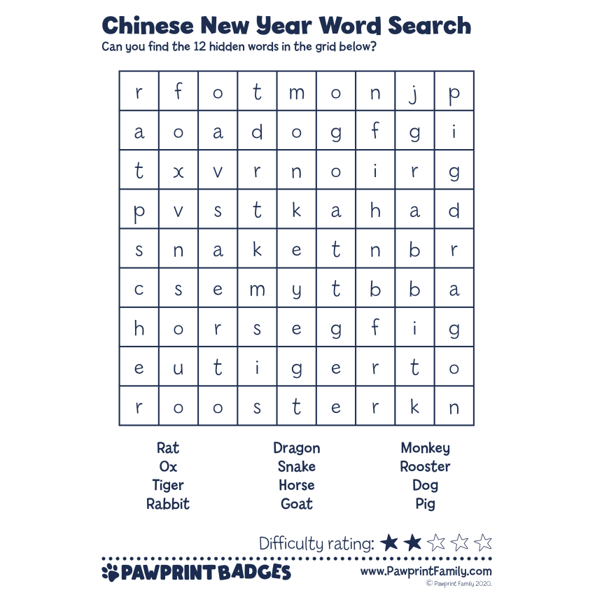 Word Searches Chinese New Year Pawprint Family Word Searches Chinese New Year Pawprint Family